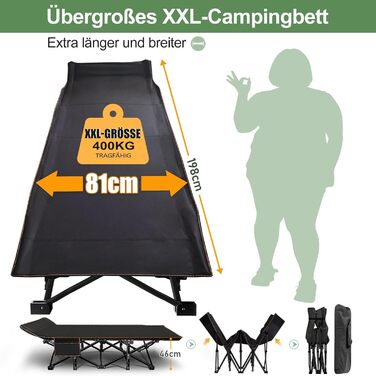Велике розкладне ліжко з матрацом – 198x81x46 см, 400 кг, сталевий каркас, оксфордська тканина, для дорослих, сад, подорожі (XXL Чорний)