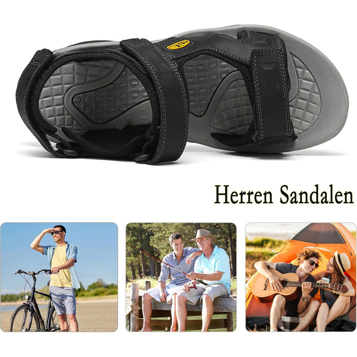 Чоловічі сандалі з натуральної шкіри для трекінгу та пляжу. Легкі, дихаючі сандалі для активного відпочинку та літніх прогулянок. Розмір 41 EU, чорний колір.