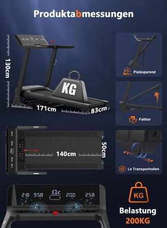 Біговий тренажер Cowmew для дому, 7HP, складаний, кут нахилу 20%, швидкість 1-20 км/год, сумісний з додатком, вантажопідйомність 200 кг, LCD дисплей, датчик пульсу, велика бігова поверхня, консоль керування чорного кольору