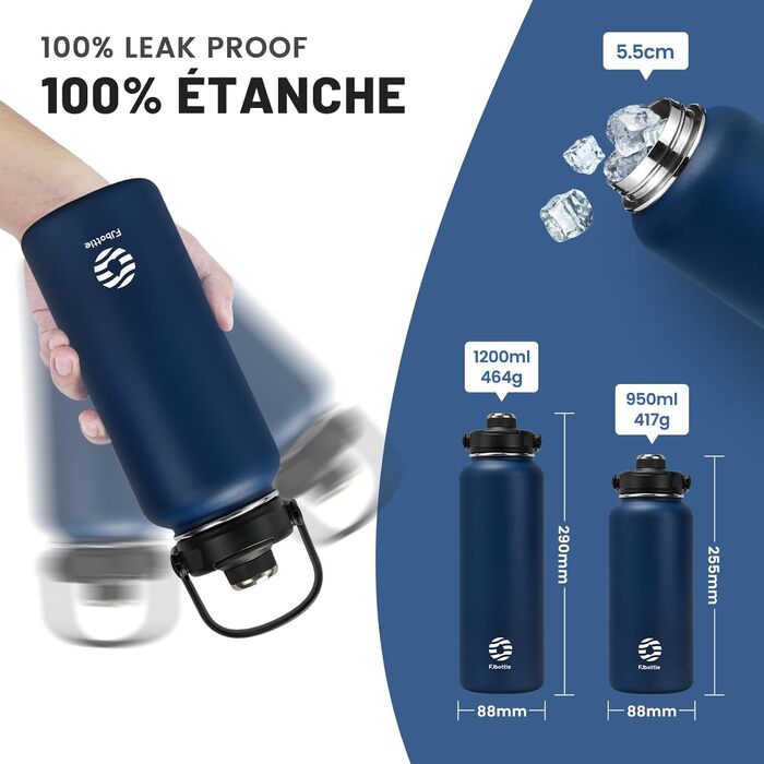 Термобутилка Fjbottle з нержавіючої сталі з трубочкою, 950/1200 мл, 2 кришки, BPA-free, герметична спортивна пляшка для води, велоспорту, школи, фітнесу, газованої води