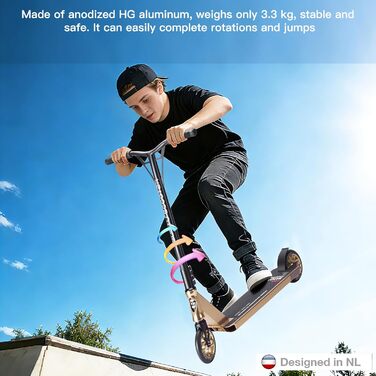 SUOTU Станкер для трюків, професійний, 360° кермування, роликовий скейтборд з колесами 110 мм 85A PU, для дітей, підлітків та дорослих, вантажопідйомність 100 кг, алюміній (чорний – білий золотий)