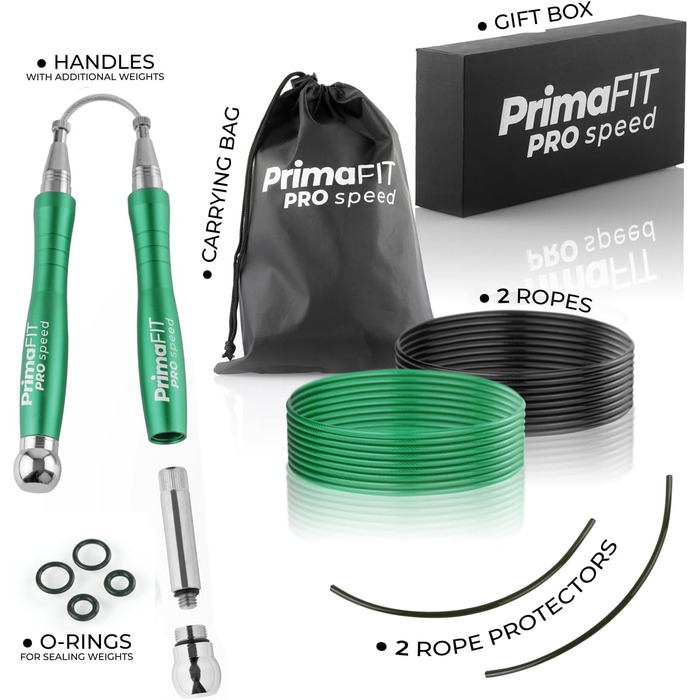 Скакалка PrimaFIT для дорослих, професійна швидкісна, 3 м, з регульованою довжиною, обтяжувачами, 2 підшипниками, антиковзкими ручками, для боксу, MMA, кросфіту, сталевий трос, чохол, зелена