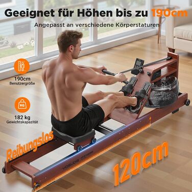 Гребний тренажер YOSUDA 2025 Neu Wasser - складаний, з Bluetooth, дисплеєм та регульованим тримачем для телефону. Максимальна висота користувача 190 см, вага 182 кг. Ідеально для домашніх тренувань.