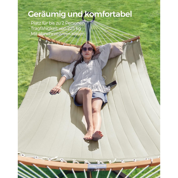 Гамак SONGMICS для 2 осіб з подушкою, сірий-бежевий, 200 x 140 см, до 225 кг, з бамбуковими стійками