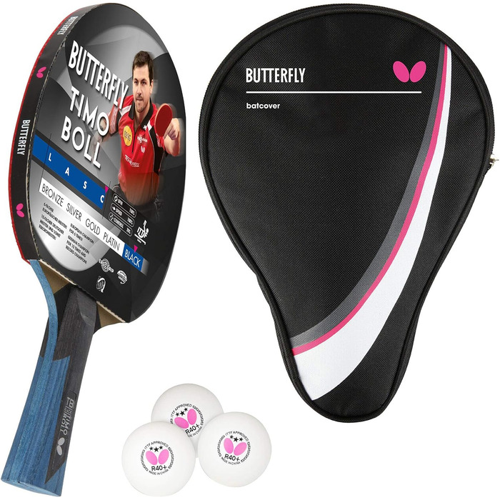 Професійна ракетка для настільного тенісу Butterfly Timo Boll Black з ITTF сертифікованим накладом Wakaba, анатомічна ручка, комплект з чохлом та 3 м'ячами