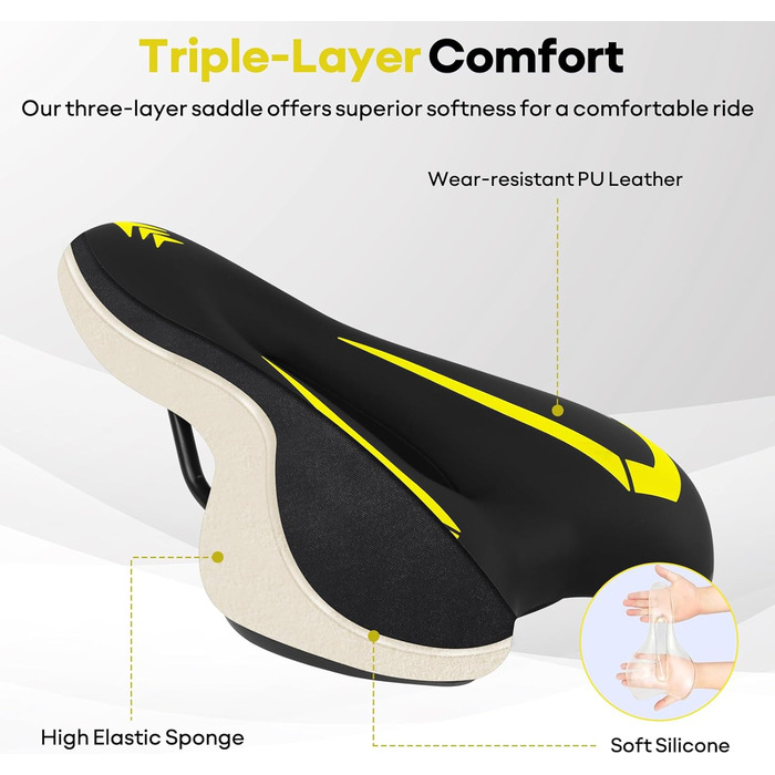 Гелевий велосипедний сідло MSDADA для жінок та чоловіків, водонепроникний, зручний, для шосе, круїзера, MTB, велотренажера, міста (жовтий)