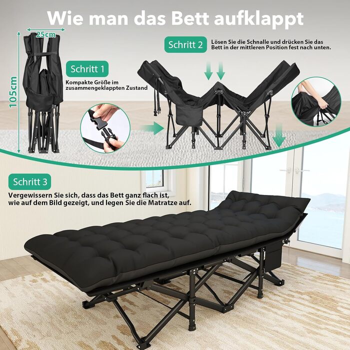 Розкладне ліжко-тахта для кемпінгу з матрацом, сталеве, чорне, 190x71x35 см