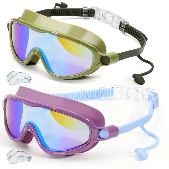 Дитячі окуляри для плавання Bluesmile (2 шт.), широкий огляд, антизапар, захист від УФ, для хлопчиків та дівчаток 3-14 років, зелено-фіолетові, малі