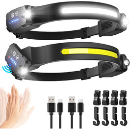 LED налобний ліхтар, 2 шт. Суперяскравий, 300° кут огляду, регульований промінь, 9 режимів з датчиком, акумулятор 2400mAh, IPX6 водонепроникність, легкий, для бігу, кемпінгу