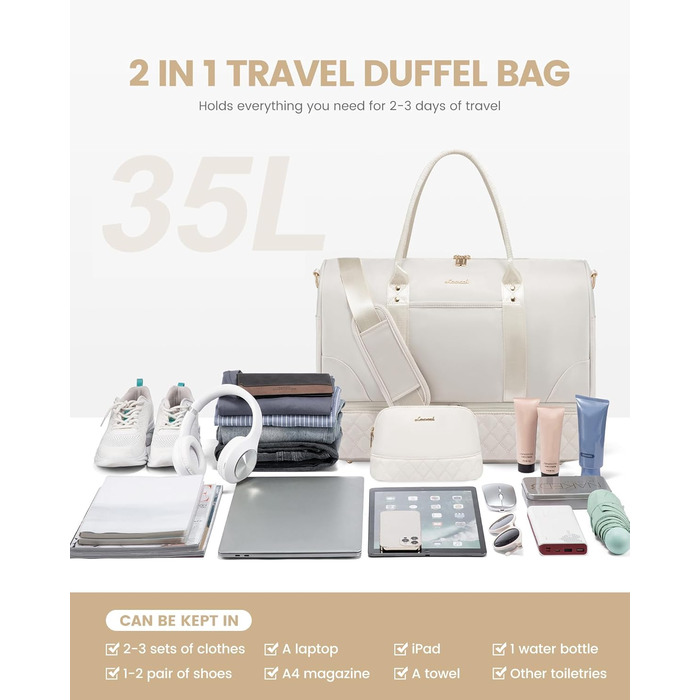 Сумка-мішок LOVEVOOK для жінок, дорожня сумочка-вікендер з відділенням для взуття та мокрих речей, 2 шт. у наборі, велика спортивна сумка, ручна поклажа для подорожей літаком, фітнесу, йоги, бежева, L (35 л)