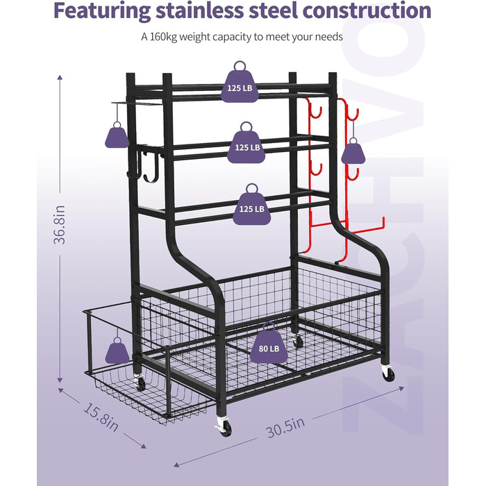 Стійка для гантелей та йога-матів ZACHVO – 160 кг, з 4 роликами та 8 гачками
