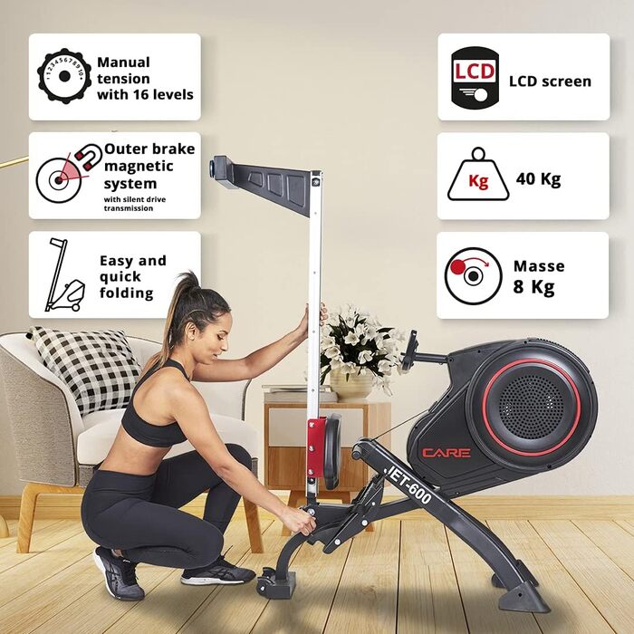 Гребний тренажер Care Fitness Jet 600-2 Care Connect, складаний, чорний, універсальний розмір
