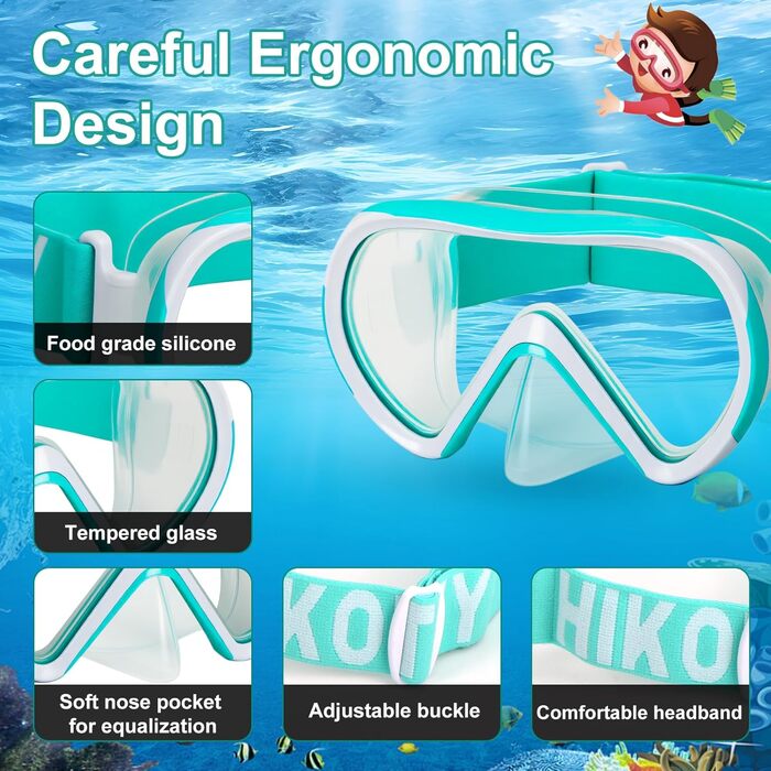 Дитяча маска для снорклінгу Kinder з трубкою, 180° панорама, проти запотівання, для дітей 4-16 років (Блакитна)