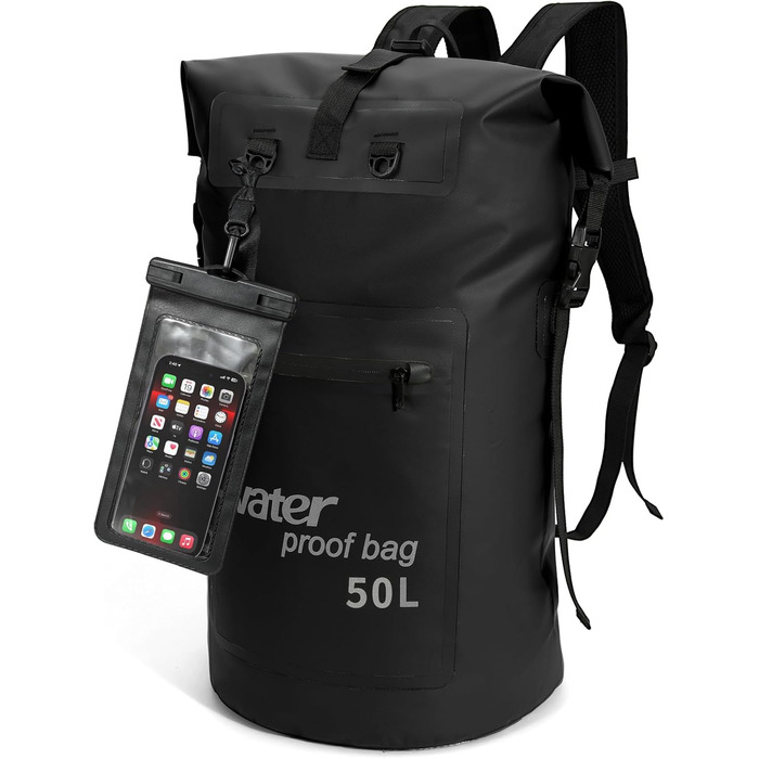 Водонепроникний рюкзак WELDUN 50L з IPX8 чохлом для телефону, Rolltop, для каякінгу, кемпінгу, трекінгу та водних видів спорту (Чорний)