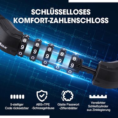 Замок для велосипеда ValueMax з кодовим замком, 100 см, 5-значний код, сталевий ланцюг 8 мм, чорний/білий