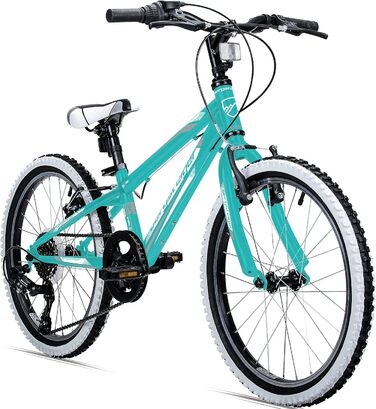 Дитячий велосипед Bergsteiger Kansas 20 дюймів, 6-швидкісна Shimano, для хлопчиків і дівчат, гірський, біло-бірюзовий, підходить для дітей 6-9 років