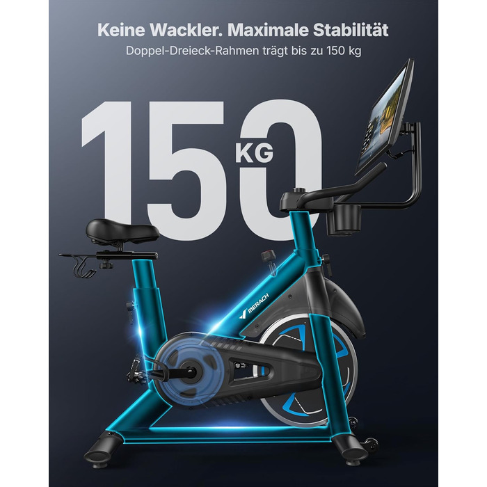 Велотренажер MERACH з магнітним опором, тихий, з покращеним амортизованим сидінням, власний додаток, стабільний H-фрейм, до 150 кг, блакитний з екраном