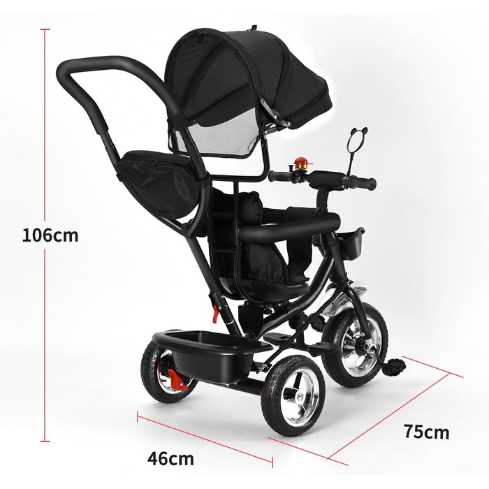 Триколісний велосипед для малюків 5 в 1, росте разом з дитиною, велосипед-коляска, поворотний сидіння 360°, штовхач, знімний капюшон, ремінь безпеки 3-точ., кошик, 1-5 років (5 в 1), чорний