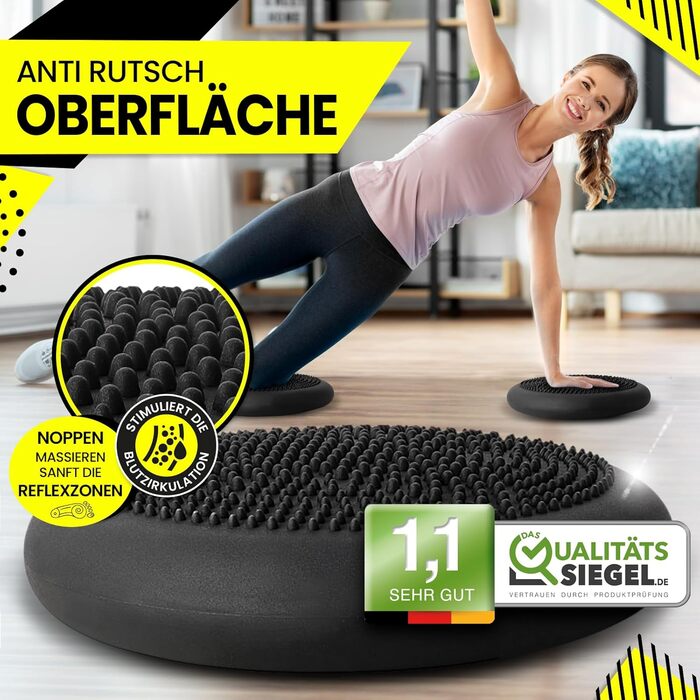 Балансувальна подушка Dunlop Sports для спини, ортопедична, з насосом, 35×7 см, до 450 кг, чорна, спеціальні масажні виступи