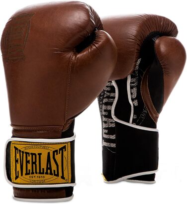 Боксерські рукавички Everlast 1910 Classic з натуральної шкіри, для тренувань з мішком та лапами, на липучці, потрійна амортизація, ергономічне зчеплення – Оригінальні Everlast, Колір: Коричневий, Розмір: 14OZ