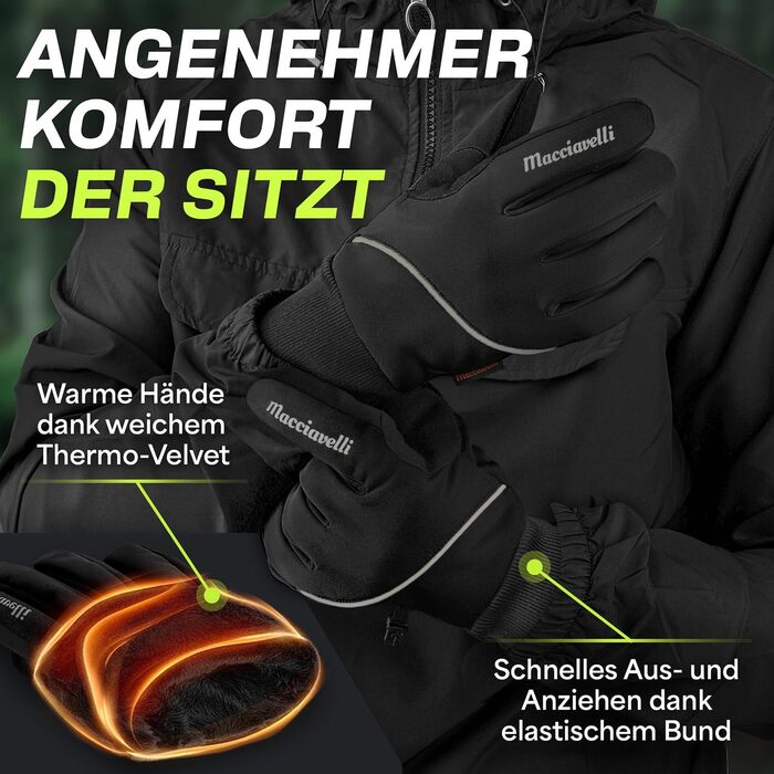 Велосипедні рукавички MACCIAVELLI® для чоловіків та жінок - зимові теплі термо рукавички з підтримкою сенсорного екрану для шосе, MTB та гірського велосипеда. Вітро- та водонепроникні, чорного кольору, розмір L