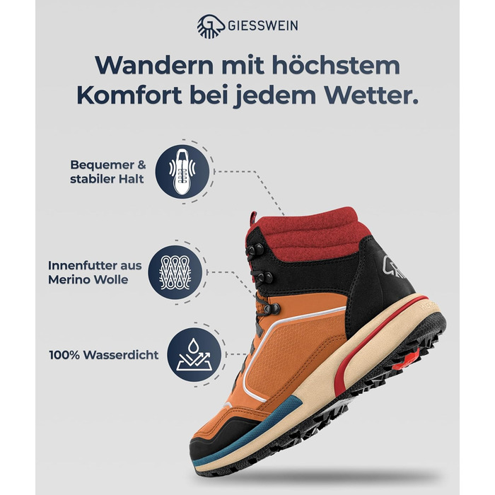 Чоловічі водонепроникні трекінгові черевики Giesswein Wool Cross X Alpine - для хайкінгу та походів у горах (47 EU, Коричневий)