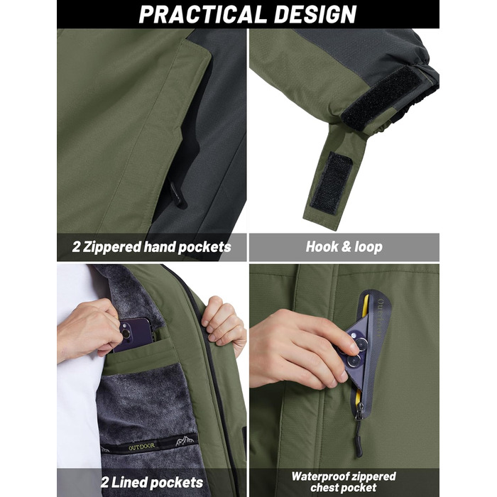 TACVASEN чоловіча тепла зимова куртка, водонепроникна функціональна куртка з капюшоном та довгими рукавами, армійного кольору