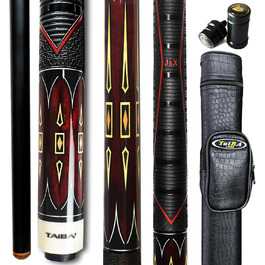 Більярдний кий TaiBa 2-частинний з ручкою з натуральної шкіри, канадський клен, 147.3 см, з муфтою, наконечник 13 мм, сталь, 19-21 oz, коричневий, винно-червоний, королівський синій