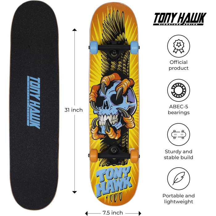 Скейтборд Tony Hawk Signature Series 78,7 см, 9-шарове кленове дек для трюків, спуску, круїзингу та карвінгу, дизайн 