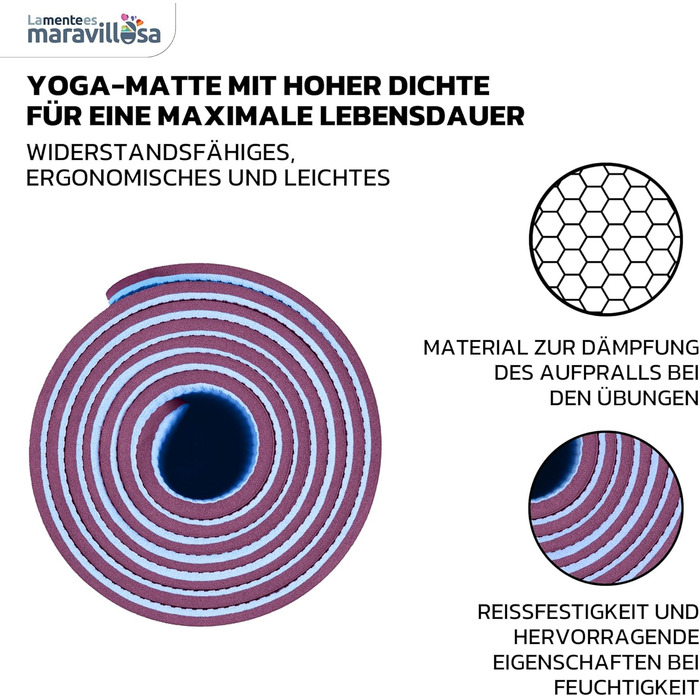 Килимок для гімнастики та йоги з неслизькою поверхнею, з чохлом та E-book, 183x61 см, Мандала фіолетовий