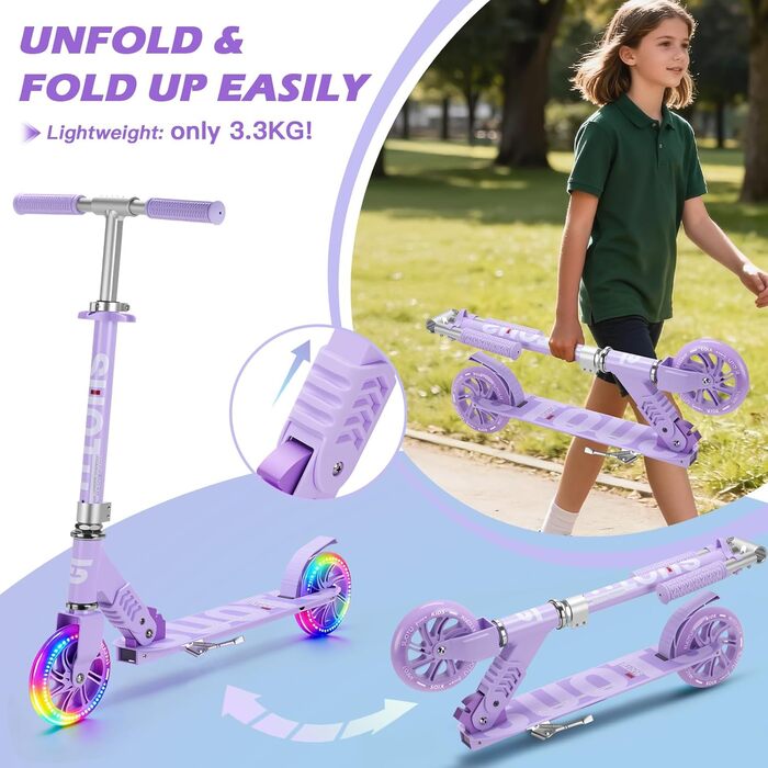 Самокат дитячий SUOTU з колесами 145 мм, до 100 кг, світлодіоди, складаний, регульована висота, для хлопчиків та дівчаток, алюмінієвий (Фіолетовий)