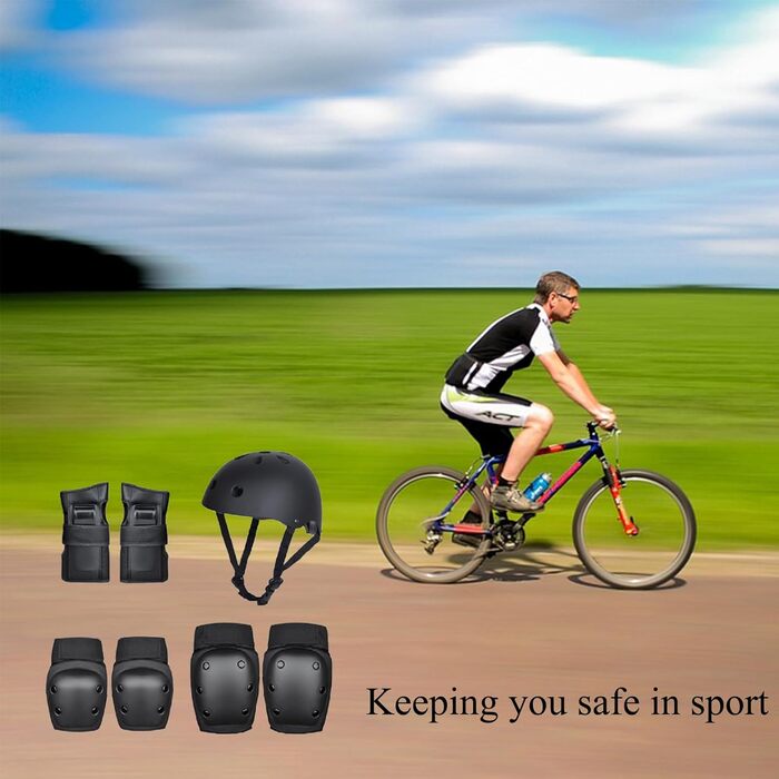 Комплект захисту SANON для дорослих (7 предметів): шолом, наколінники, налокітники, захист зап'ясть для велосипеда, ролика, скейтборду, чорний, розмір M (41-60 кг)