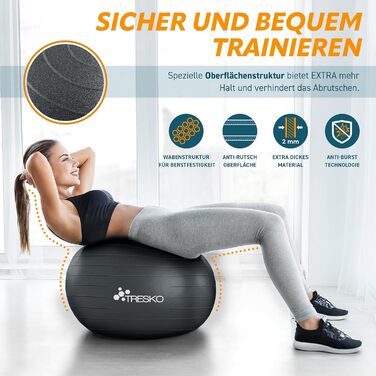 Гімнастичний м'яч TRESKO 75 см, антрацит, BPA-free, з насосом, для фітнесу, йоги, пілатесу, вагітних, до 300 кг