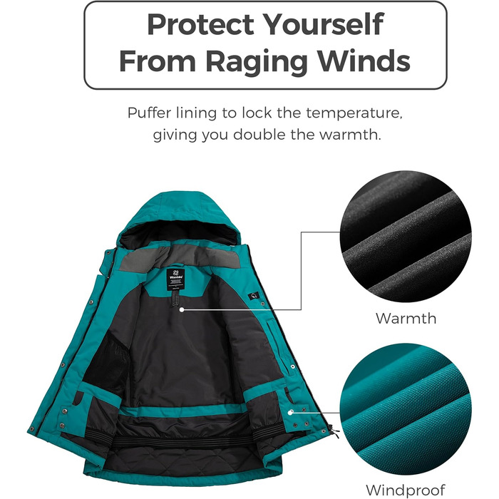 Жіноча водонепроникна куртка Wantdo для катання на лижах з капюшоном та флісовою підкладкою, зелена