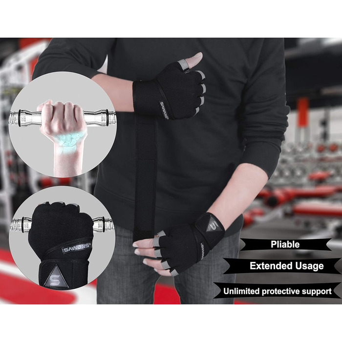 Фитнес-рукавички Sawans для жінок та чоловіків з підтримкою зап'ястя, посилені, з антиковзаючою поверхнею, для тренувань, фітнесу, їзди на велосипеді, підтягувань та інших видів спорту. Довга петля на зап'ясті L