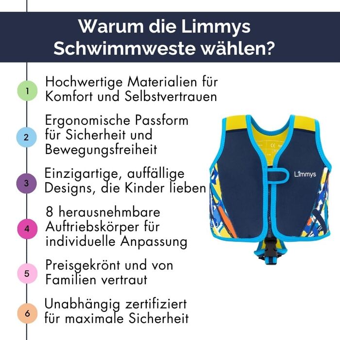 Limmys Преміум жилет для плавання для дітей - сучасна допомога для плавання для хлопчиків, дівчаток та малюків - з практичною сумкою для перенесення, темно-синій