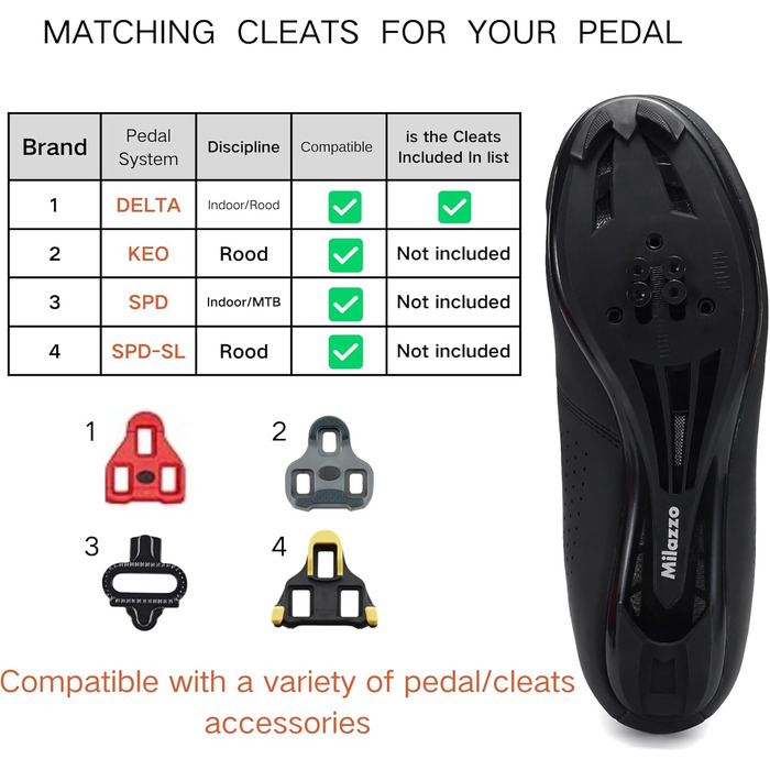 Чоловічі велотуфлі Milazzo для шосе, MTB та велотренажера – дихаючі, сумісні з SPD, SPD-SL, Look Delta, чорний, 45 EU