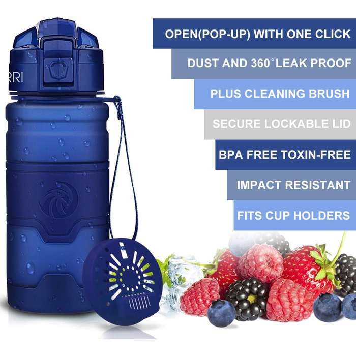 Спортивна пляшка ZORRI 400 мл, 1 л, 700 мл, 500 мл - BPA Free, для води, з содовою, виточна, еко, для дітей, школи, спортзалу, велосипеда (темно-синій)