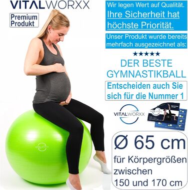 Гімнастичний м'яч для вагітних VITALWORXX 65 см, зелений, надміцний, йога м'яч із насосом та вправами для вагітності й пологів