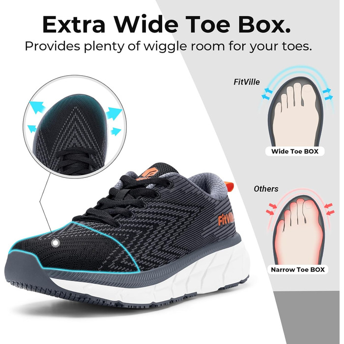Чоловічі бігові кросівки FitVille з широкою колодкою, амортизація, легкі, дихаючі, для тенісу, фітнесу, джогінгу та ходьби (46 EU, чорний з сірим)