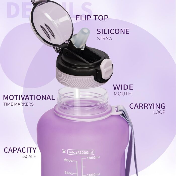 DEARRAY Tritan пляшка для води 2 л з трубочкою і часовою міткою, BPA-free, велика спортивна пляшка для фітнесу та залу