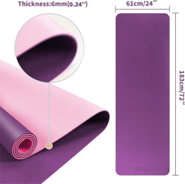 Йога-мат ACTIVE FOREVER з високоякісного TPE, нековзкий, нетоксичний, з ременем, для йоги, фітнесу, пілатесу, пурпурово-рожевий, для початківців