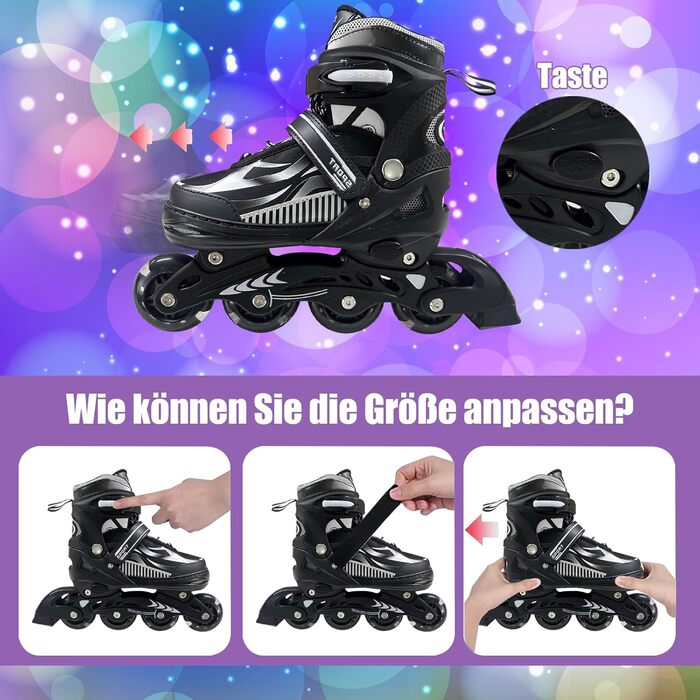 Роликові ковзани для дітей, чорні, регульовані, 36-39 EU (240-270 мм), для початківців, indoor/outdoor