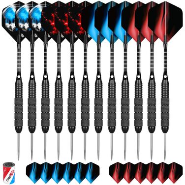 Професійні сталеві дротики CyeeLife з металевими наконечниками (12 шт.) + 24 пір'я + точилка, 22 г (Чорні)