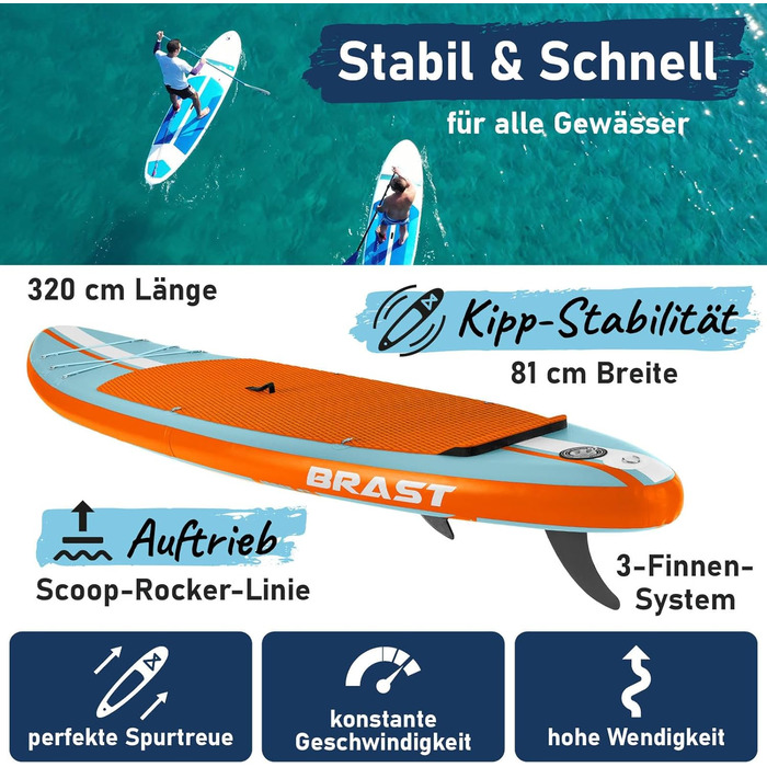 SUP дошка BRAST Shark надувна з комплектом аксесуарів (320x81x15 см) - блакитно-помаранчевий