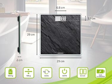 Електронна вага Soehnle Style Sense Compact 300 Slate, чорна, LCD-дисплей, плоский дизайн, велика платформа, максимальна вага 180 кг