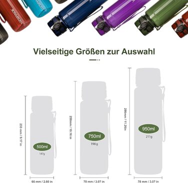 Водяна пляшка UZSPACE Tritan 950 мл: без BPA, не протікає, для спорту та активного відпочинку (зелена)