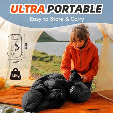 Сплячі мішки MEREZA XL для чоловіків та жінок. Великі, широкі, теплі, для кемпінгу. З компресійним мішком. Чорний / Сірий