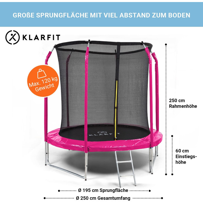 Батут Klarfit Jumpstarter - дитячий, 250 см, рожевий. З перилками, сіткою та сходами. Для активних ігор та фітнесу на вулиці. Підходить для дітей 5-9 років.