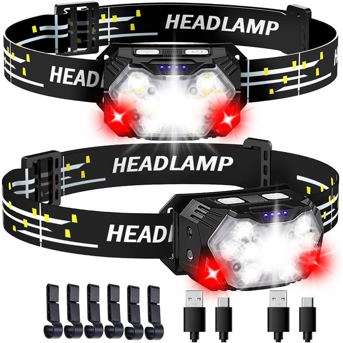 LED налобний ліхтар 5000 люмен з акумулятором, 9 LED, з червоним світлом та датчиком руху, 7 режимів, водонепроникний IPX6, для їзди вночі, кемпінгу та ремонту